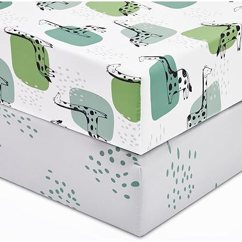 TILLYOU Fitted Crib Sheet Set - Super Soft Toddler Bed Sheets for Standard Crib and Toddler Mattresses, Premium Cozy Nursery Bedding Sheet, 28"x52"x5", Green Giraffes with Spots