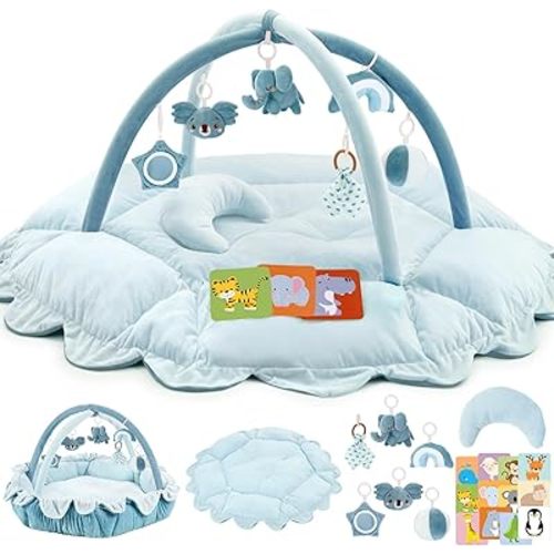 5-in-1 Plush Baby Play Gym, Activity Mat with Convertible Gym and Cushion, 6 Sensory Toys, Play Center from Newborn to Toddler, Blue