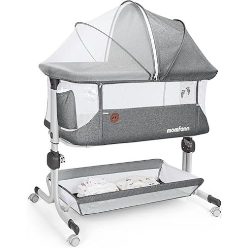 Baby Bassinet Bedside Sleeper, Upgraded Stability Bedside Crib with Full Mesh Sides, Soft Sheet, 6-Height Adjustment, Storage Basket, Easy Folding Portable Bassinet for Newborns, Gray