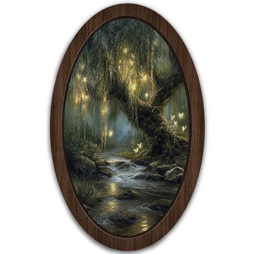 UYIKG Vintage Forest Fairy Wall Art Decor,Tree Fairy Oval Wall Decor, Rustic Farmhouse Cottagecore Fantasy Wooden Framed Wall Decorations for Theme Room Home Bedroom Living Room 9x14.6 in