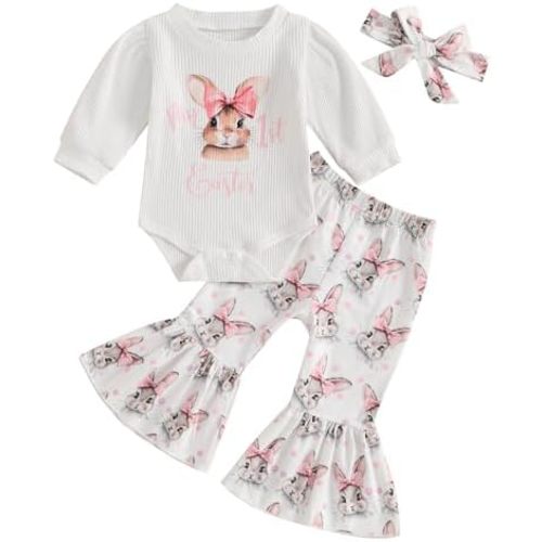 Baby Girls St Patricks Day Outfits Shamrock Long Sleeve Romper Bodysuit with Flared Pants Headband Set