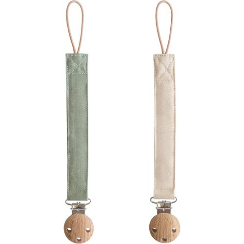 mushie Linen Baby Pacifier Clip Holder | Soft Fabric Strap, 2-Pack (Olive/Shifting Sand)