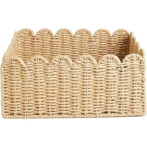 Scalloped Basket, 14.2x10.6x5.9 Wicker Storage Basket Wicker Basket, Recycled Paper Rope Woven Storage Basket Rattan Basket for Kitchen Bathroom, Decorative Pantry Baskets for Organizing