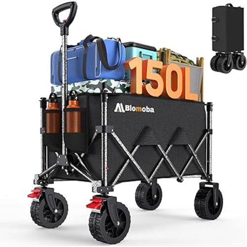 Foldable Wagon Cart, Heavy-Duty 150L Collapsible Beach Wagon with Wider Wheels and Auto-Rebound Handle, Utility Cart for Groceries, Gardening, and Shopping