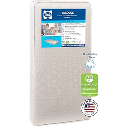 Sealy Baby Flex Cool Breathable Hypoallergenic 2-Stage Dual Firm Waterproof Baby Crib Mattress & Toddler Bed Mattress, Cotton Cover, 204 Premium Coils, Air Quality Certified, Made in USA, 52"x28"
