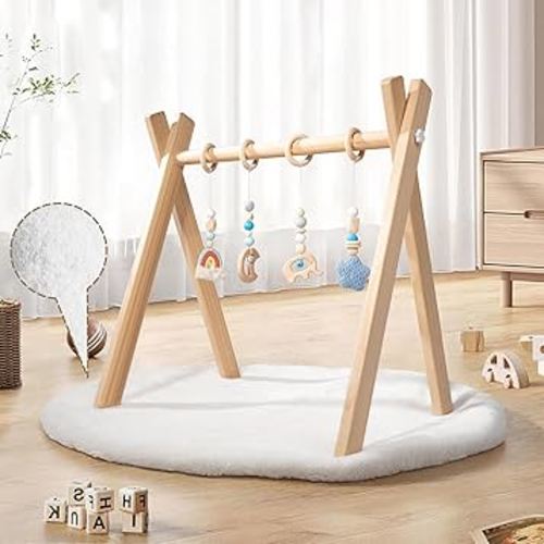 Wooden Baby Play Gym with Activity Mat, Foldable Baby Gym Frame with Hanging Sensory Toys for Newborn, Tummy Time Playground