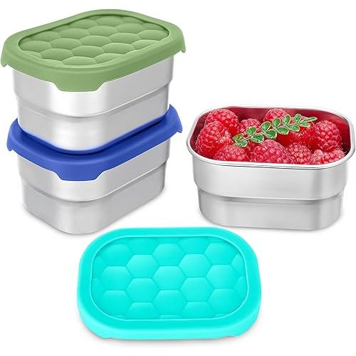 3 Pack Stainless Steel Snack Containers for Kids, 8 oz Easy Open Leak Proof Small Toddler Snack Containers with Silicone Lids, Stackable Metal Lunch Box for Daycare and School (Blue)