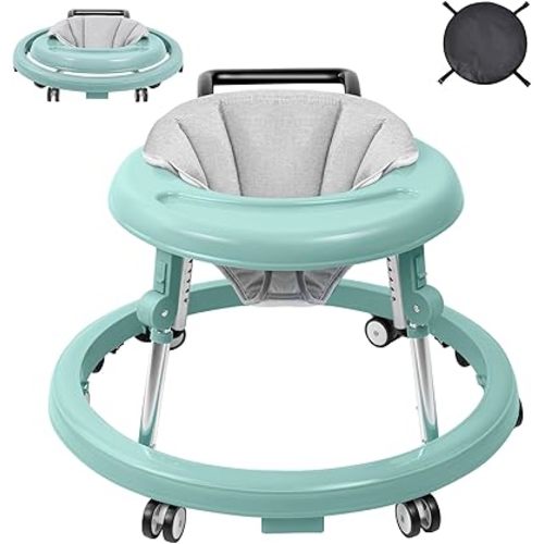 Baby Walker, Foldable 9-Gear Height Adjustable Baby Walker with Wheels, Infant Toddler Walker with Foot Pads, Anti-Fall Baby Walkers and Activity Center Bouncer Combo for Boys and Girls 6-24 Months