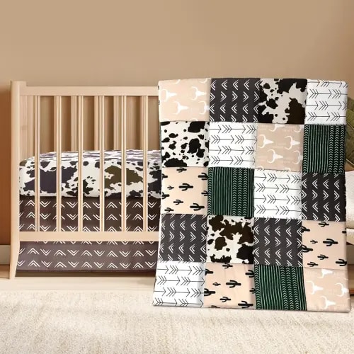 3 Piece Patchwork Western Crib Bedding Set, Neutral Cow Cactus Print Baby Bedding, Barnyard Western Nursery Decor, Standard Size Soft Baby Bed Set Includes Quilt, Fitted Crib Sheet, Bed Skirt