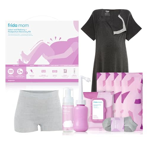 Frida Mom Labor, Delivery, & Postpartum Kit, Baby Shower Gifts, Socks, Peri Bottle, Nursing Gown, Disposable Underwear, Ice Maxi Pads, Pad Liners, Perineal Foam, Toiletry Bag (15pc Gift Set)