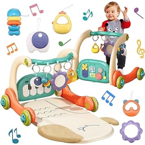 4-in-1 Baby Play Mat Baby Gym & Learning Walker, Baby Activity Mat with Kick and Play Piano, Musical Activity Center with Lights, Tummy Time Mat for Infants Newborns Toddlers 0-6-9-12 Month