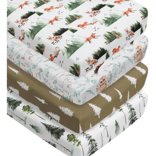 4 Pack Woodland Forest Animals Wood Neutral Unisex Fitted Baby Crib Sheets Set for Baby Boys or Girls (Paint Fox, 52 * 28)