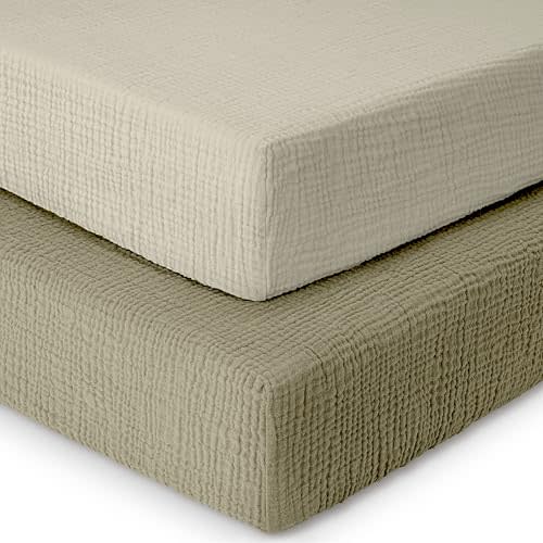 Dreamology Cotton Crib Sheets Fitted,Baby Crib Sheet,Girls,Boys,2 Pack,100% Muslin Crib Sheets for Standard Crib Mattress,Neutral Crib Sheet,Toddler Sheets,52x28 Crib Mattress Sheets | Olive and Ecru