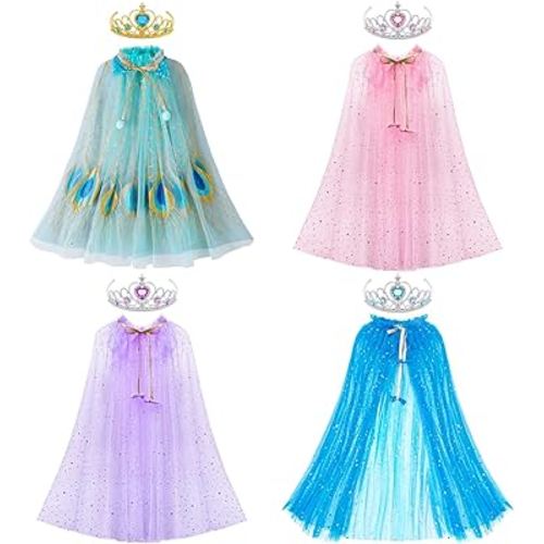 Latocos 8Pcs Princess Cape Girls Princess Cloak with Tiara Crown for Little Girls Dress up Pretend Play Christmas Cosplay Party Accessories