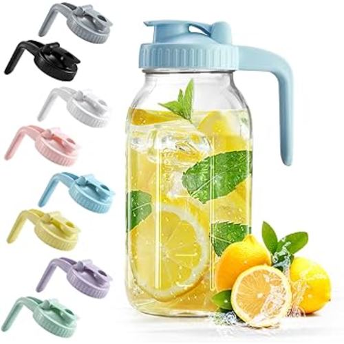 Mason Jar with Pour Spout Lid V-shaped, 2 Quart Iced Tea Pitcher Double Leak Proof, 64 oz Drink Pitcher for Breastmilk, Sun Tea, Juice, Coffee Creamer, Formula Pitcher