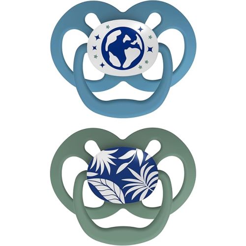 Dr. Brown's Advantage Glow-in-the-Dark Baby Pacifier, Fully Symmetrical Soother with Soft Silicone Bulb, Blue Nature, 6-18m, BPA Free, 2 Pack