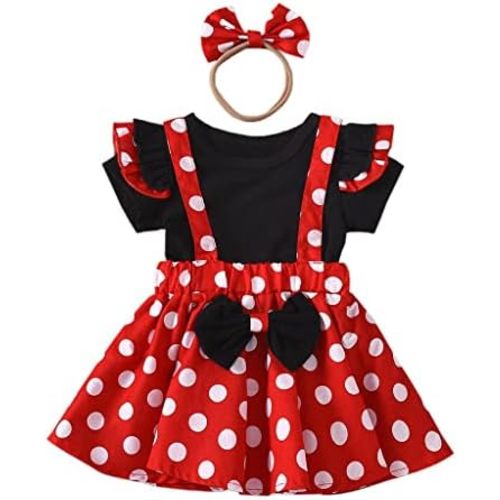 Dressy Daisy Infant Baby Girls Polka Dots Fancy Party Dress Up Halloween Costume Suspender Skirt Sets with T-shirt & Headband