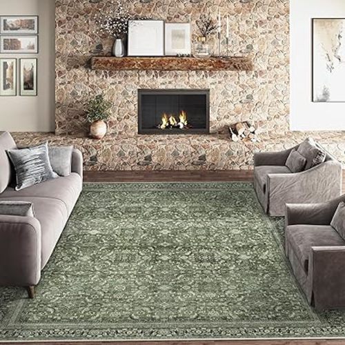 6x9 Washable Area Rug Dark Green Vintage Distressed Living Room Bedroom Large Throw Rug Non Slip Low Pile Soft Accent Indoor Floor Carpet for Dining Room Office Entryway Kitchen