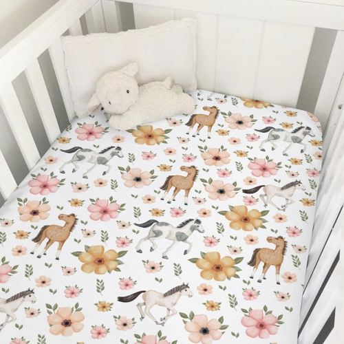 Watercolor Horse Floral Baby Crib Sheets 52''x28'' Cute Horses Boho Retro Flowers White Fitted Crib Mattress Cover for Boy Girl Soft Nursery Baby Bed Sheets for Standard Size Crib and Toddler Mattress