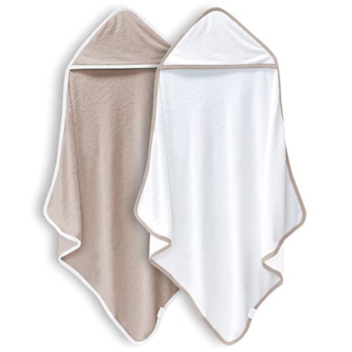 2 Pack Baby Bath Towel - Rayon Made from Bamboo, Ultra Soft Hooded Towels for Kids - X Large Size for 0-7 Yrs (White and Brown, 37.5 x 37.5 Inch)
