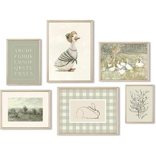 Vintage Nursery Wall Art Kids Canvas Poster Baby Room Wall Decor Sage Green Duck Wall Art Bunny Prints Floral Picture Nursery Children Artwork for Farmhouse Bedroom 8x10x6 Inch Wood Framed