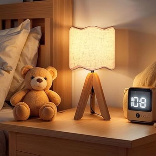 Hamilyeah Tripod Table Lamp with Wood Base, Bedside Lamp with Scalloped Fabric Linen Shade and On/Off Switch, Morden Nightstand Desk Lamp for Bedroom, Living Room, Kids Room, Office Dorm