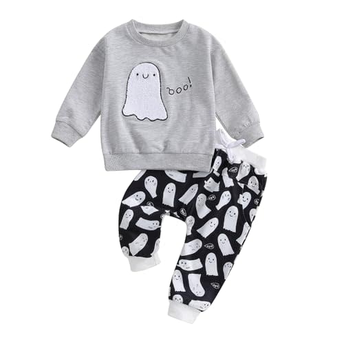 SAYOO Halloween Baby Boy Girl Clothes Funny Ghost Face Pullover Sweatshirt Jogger Pants 2Pcs Fall Holiday Sweatsuits Outfit