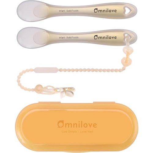 Silicone Baby Spoons 2-Pack with Case, Self Feeding 6 Months, Baby Led Weaning Supplies, Toddler Utensils with Safety Chain, Toddler Essentials, Dishwasher Safe Baby Safety Products