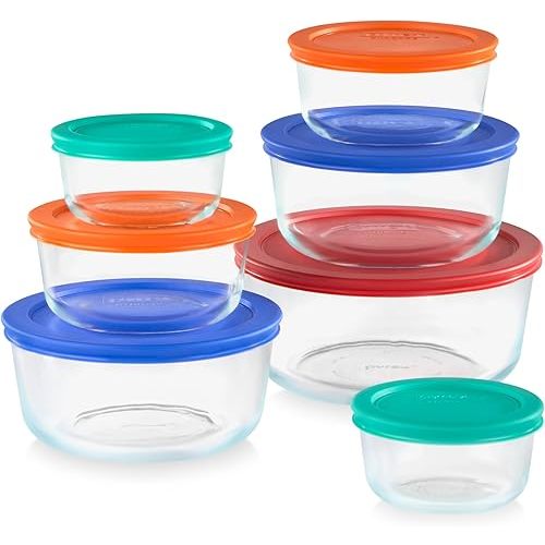 Pyrex 14-Pc Glass Food Storage Set - 7, 4, 2 & 1-Cup Round Containers with Lids - BPA-Free, Dishwasher & Microwave Safe