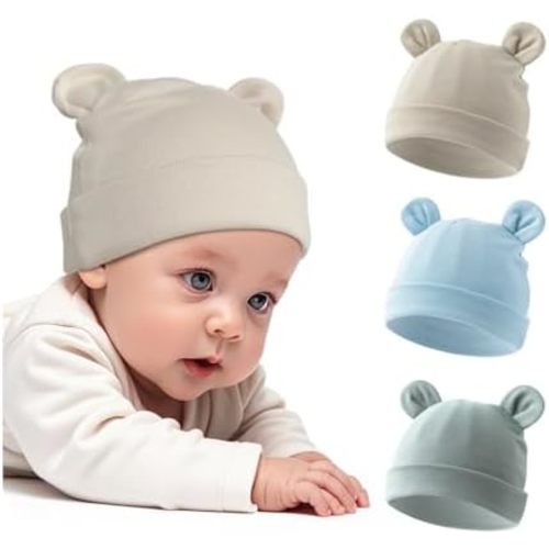 Cotton Newborn Hats for Unisex, Bear Ears Baby Girl Boy Beanie Hat for Newborn, Infant, Toddler Cap