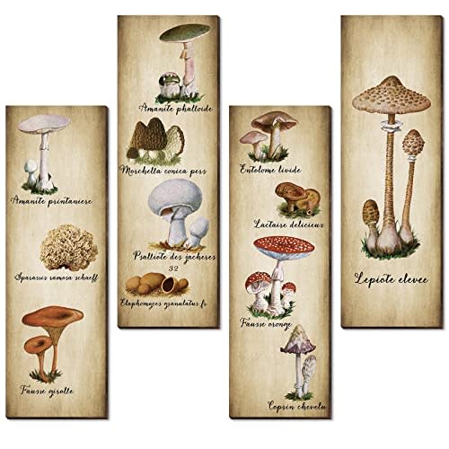 4 Pack Mushroom Wall Decor Vintage Wooden Art Sign Rustic Mushroom Kitchen Decor Fungus Aesthetic Poster for Bedroom, Dining Room, Living Room, Office(11 x 3.5 Inch)