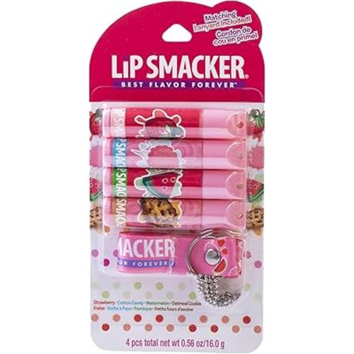 Lip Smacker Flavored Lip Balm & Pink Lanyard Set | Strawberry, Cotton Candy, Watermelon, Oatmeal Cookie Flavors | For Kids | Stocking Stuffer | Christmas Gift | Set of 4