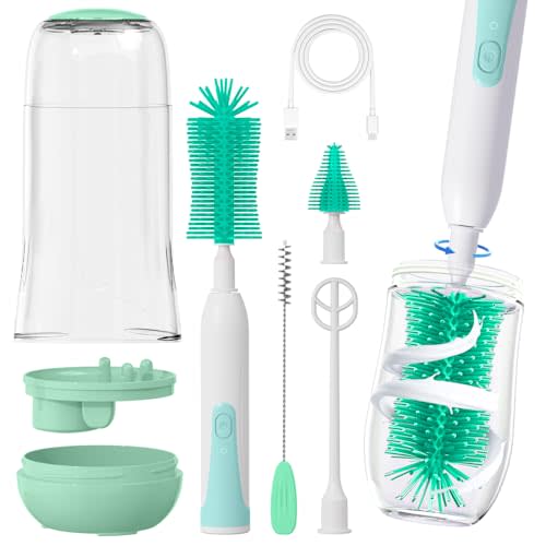 Electric Baby Bottle Brush, Rechargable Electric Bottle Brush Cleaner for Travel, Portable Baby Bottle Cleaner Brush Set with Silicone Nipple & Straw Brush, Perfect Essentials Gift for Mom(Green)