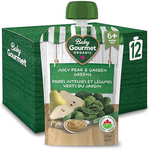 Baby Gourmet Organic Puree Baby Food Pouches - Juicy Pear & Garden Greens - No Added Sugar Or Salt, Non GMO, No Fillers, Gluten Free, Kosher (128ml) 12 Pack(Packaging May Vary)