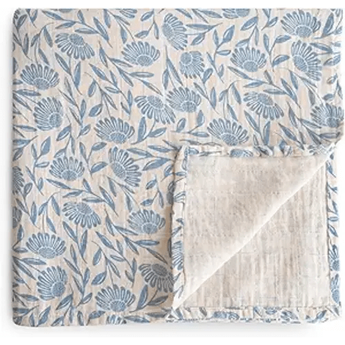mushie Muslin Baby Swaddle Blanket | 100% Organic Cotton (Blue Flowers)