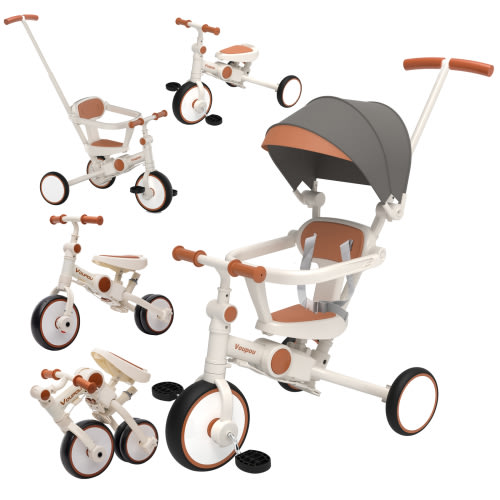 Kids Tricycle Baby Bike Balance Trike Toddler Tricycles 6 in 1 with Adjustable Seat Height Handle,Removable Pedal,Safety Harness,Comfortable Seat,Retractable Canopy and for kids1-5years (White)