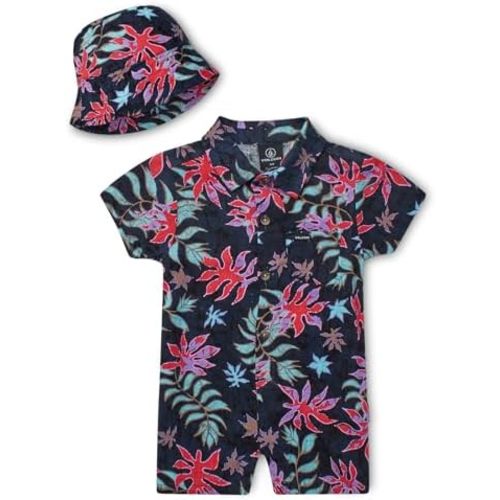 Volcom Baby Boys' Romper - Button Down Collared Infant Playsuit With Matching Bucket Hat for Boys (Infant Sizes: 0-24 Months)