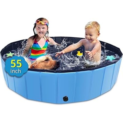 Foldable Dog Pool, 55" x 12" Kiddie Pool with Hard Plastic, Non-Slip Dog Bath Tub for Outdoor Backyard, Collapsible Dog Swimming Pool for Kids Dogs Pets (Blue)