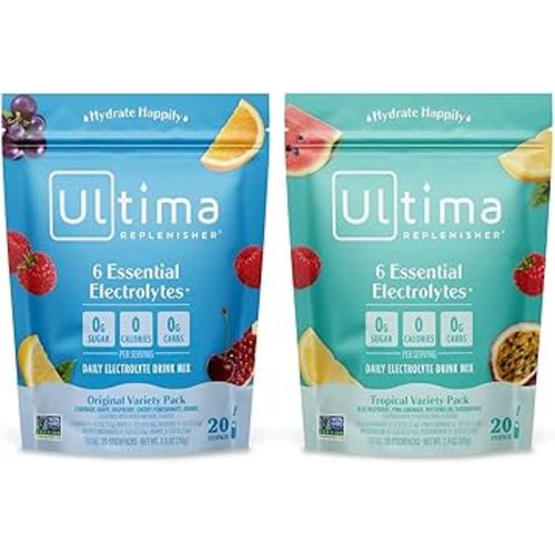 Ultima Replenisher Daily Electrolyte Drink Mix – Tropical Variety & 5-Flavor Variety, 20 Stickpacks – Hydration Packets with 6 Electrolytes & Minerals – Keto, Non-GMO & Sugar-Free Electrolyte Powder