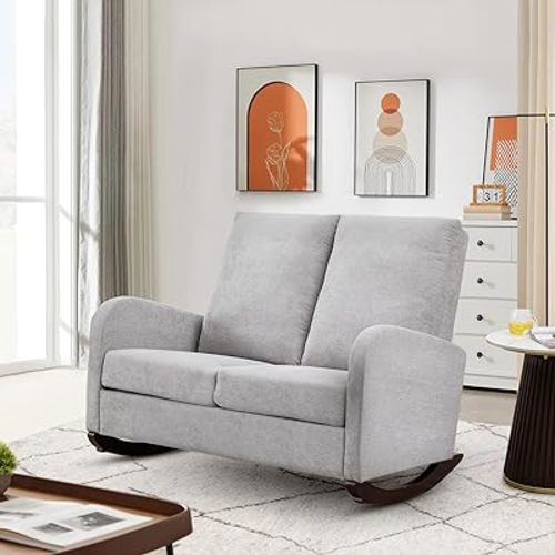 Modern Double Rocking Chair, Upholstered Oversized Glider Rocker for Baby Nursery and Kids, Loveseat Accent Armchair with High Back and Side Pocket, Extra Wide Lounge Chair for Living Room, Light Grey