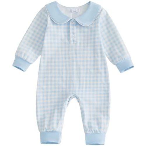 Newborn Baby Boy Fall Outfit Collared Long Sleeve Romper Plaid Jumpsuit