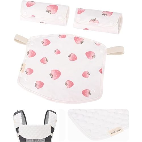 Bebamour Drool and Teething Reversible Cotton Pad for All Carry Positions Baby Carrier White Drool Bib for Boys & Girls(Strawberry)