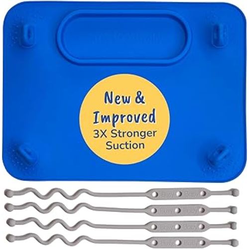 BUSY BABY Silicone Mat - New and Improved Suction Cups, 4 Straps to Secure Baby Essentials, Self Feeding, Baby Led Weaning, Travel Sleeve Included (Blue)