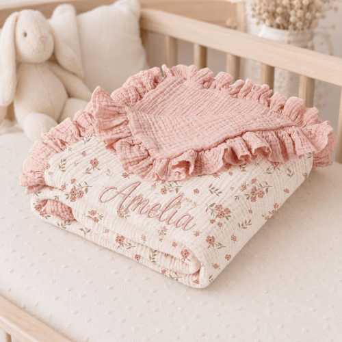 Personalized Ruffle Muslin Baby Blanket, Embroidered Name Swaddle, Soft Newborn Gift