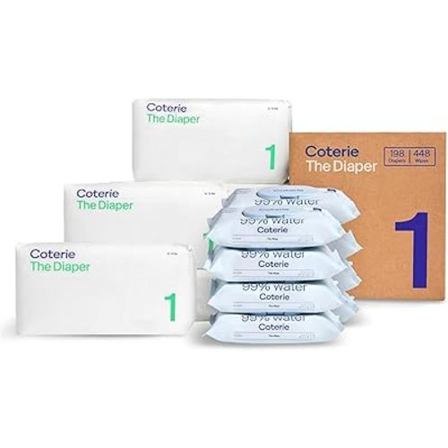 Coterie Baby Wipes + Diapers Kit, Size 1 Diapers (198 Count) & 8 Pack (448 Count) Baby Wipes with 99% Water, Plant Based Materials, Hypoallergenic for Sensitive Skin, Baby Essentials
