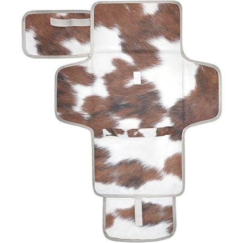 White Brown Print Cow Baby Changing Pad - Waterproof Diaper Changing Pad with Built-in Pillow - Portable Travel Changing Mat for Newborn Girl & Boy