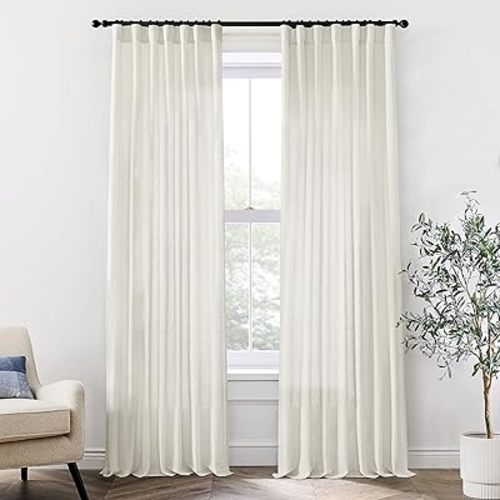 XTMYI Linen Cotton Farmhouse Curtains for Living Room Bedroom 84 Inches Long Two Sheer Hook Belt Pleated Back Tab Birch Off White Ivory Neutral Boho Sour Cream Curtain Drapes 84 Length 2 Panels Set