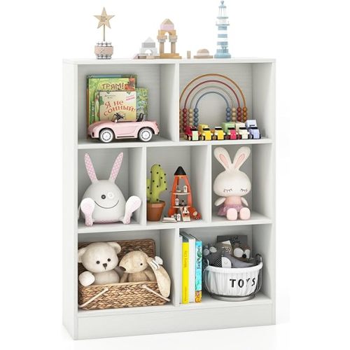 Costzon 7-Cube Kids Bookshelf, 3 Tier Toy Storage Organizer w/ 2 Anti-Toppling Kits, 7 Open Cubes & Non-Slip Foot Pads, Book Shelf for Kids Rooms, Playroom, Preschool, Classroom, Daycare (White)