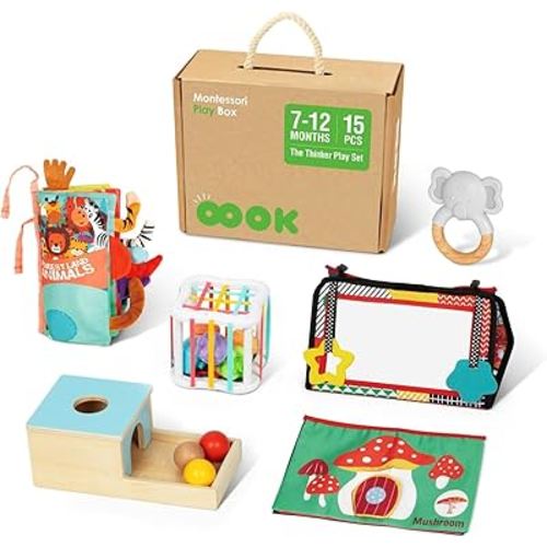 Montessori Toys for Babies 6-12 Months, 7 in 1 Learning Educational Kit with Tum My Mirror Toy, Object Permanence Box, Soft Cloth Baby Book, Sensory Sorter Toy and Natural Teether.