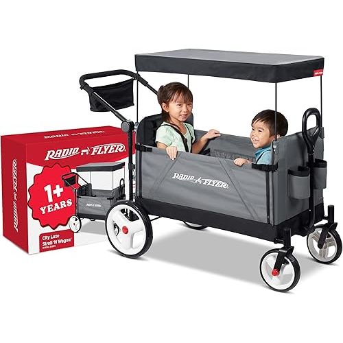 Radio Flyer City Luxe Stroll ’N Wagon, for Ages 1+, 3-in-1 Push or Pull, with Bench Mode, Easy Fold, UV Canopy, 5-Point Harnesses, Front Caster Wheels & 12" Rear Wheels, Stroller Wagon for Kids